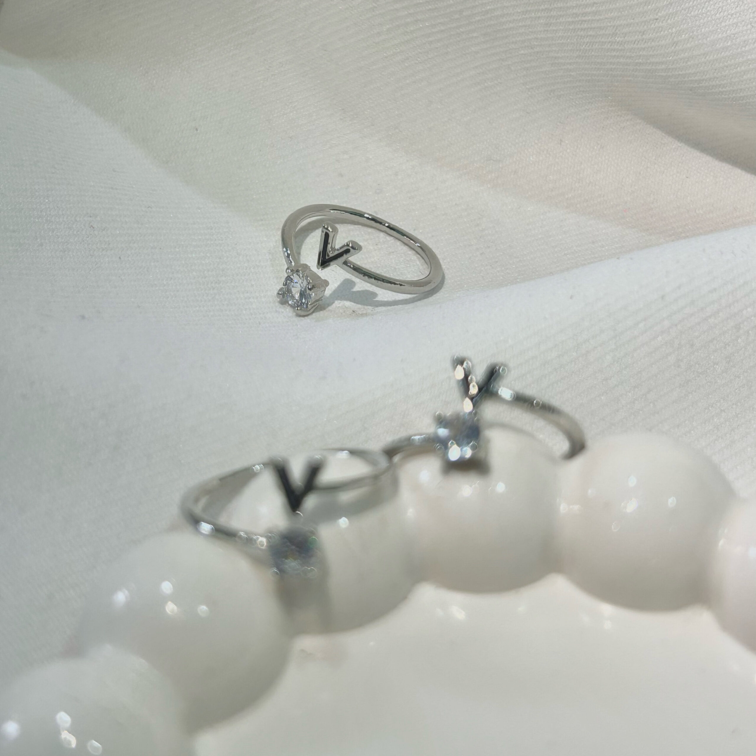 V shape stunning silver-plated floral design and studded shimmering white diamond Adjustable finger ring for women and girls. - Image 4