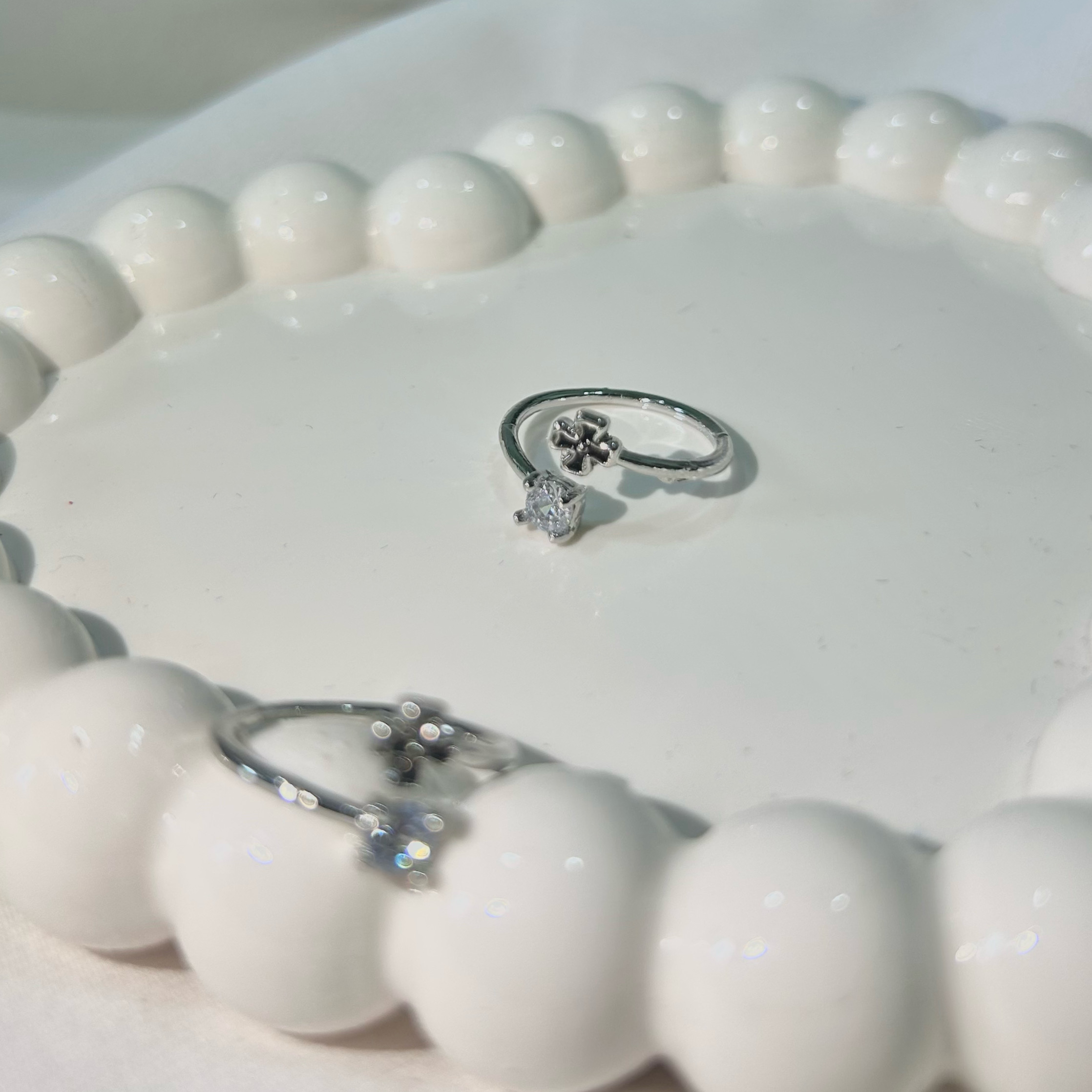 stunning silver-plated floral design and studded shimmering white diamond Adjustable finger ring for women and girls. - Image 2