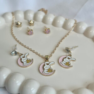 ARTIFICIAL GOLD POLISHED CHAIN WITH MOON SHAPED PENDANT AND 2 EARRINGS SET INCLUDING CUTE BUNNY AND STAR BY BANA CREATIONS