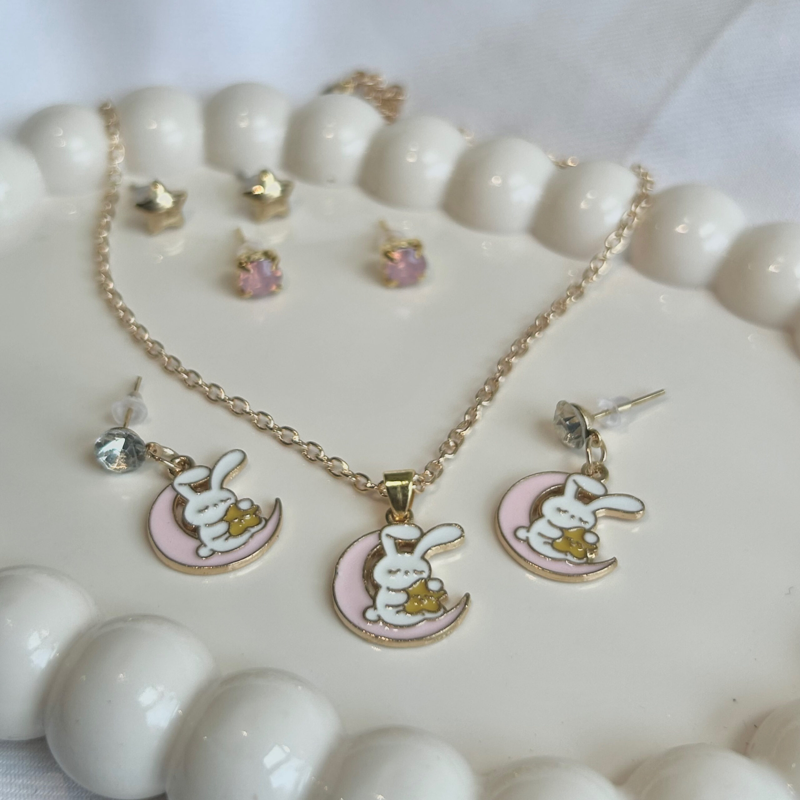 ARTIFICIAL GOLD POLISHED CHAIN WITH MOON SHAPED PENDANT AND 2 EARRINGS SET INCLUDING CUTE BUNNY AND STAR BY BANA CREATIONS