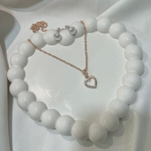 Rose Gold Plated Lovely Round Cut White Diamond Heart Pendant Necklace with 1 Pair Earring