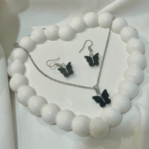 Black Valentine's Day Butterfly Charm Pendant Locket Necklace With 1 Pair Black Butterfly 🦋 Earring by Alfa Jewels