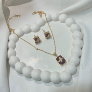 Red Butterfly 🦋 American Diamond Studded Square & Leaf Shaped Pendant With Earrings For Girls and Women