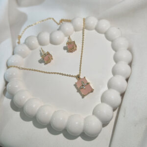 Pink Butterfly 🦋 American Diamond Studded Square & Leaf Shaped Pendant With Earrings For Girls and Women