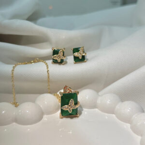 Green Butterfly 🦋 American Diamond Studded Square & Leaf Shaped Pendant With Earrings For Girls and Women