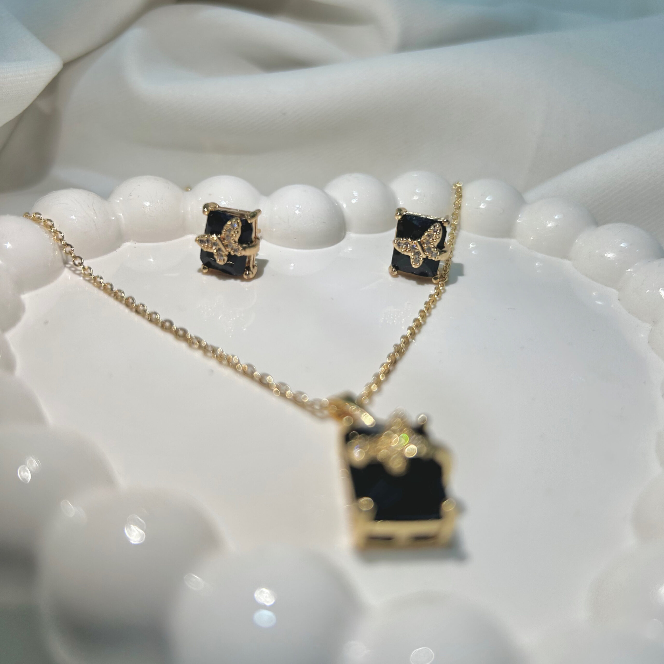 Black Butterfly American Diamond Studded Square & Leaf Shaped Pendant With Earrings For Girls and Women - Image 5