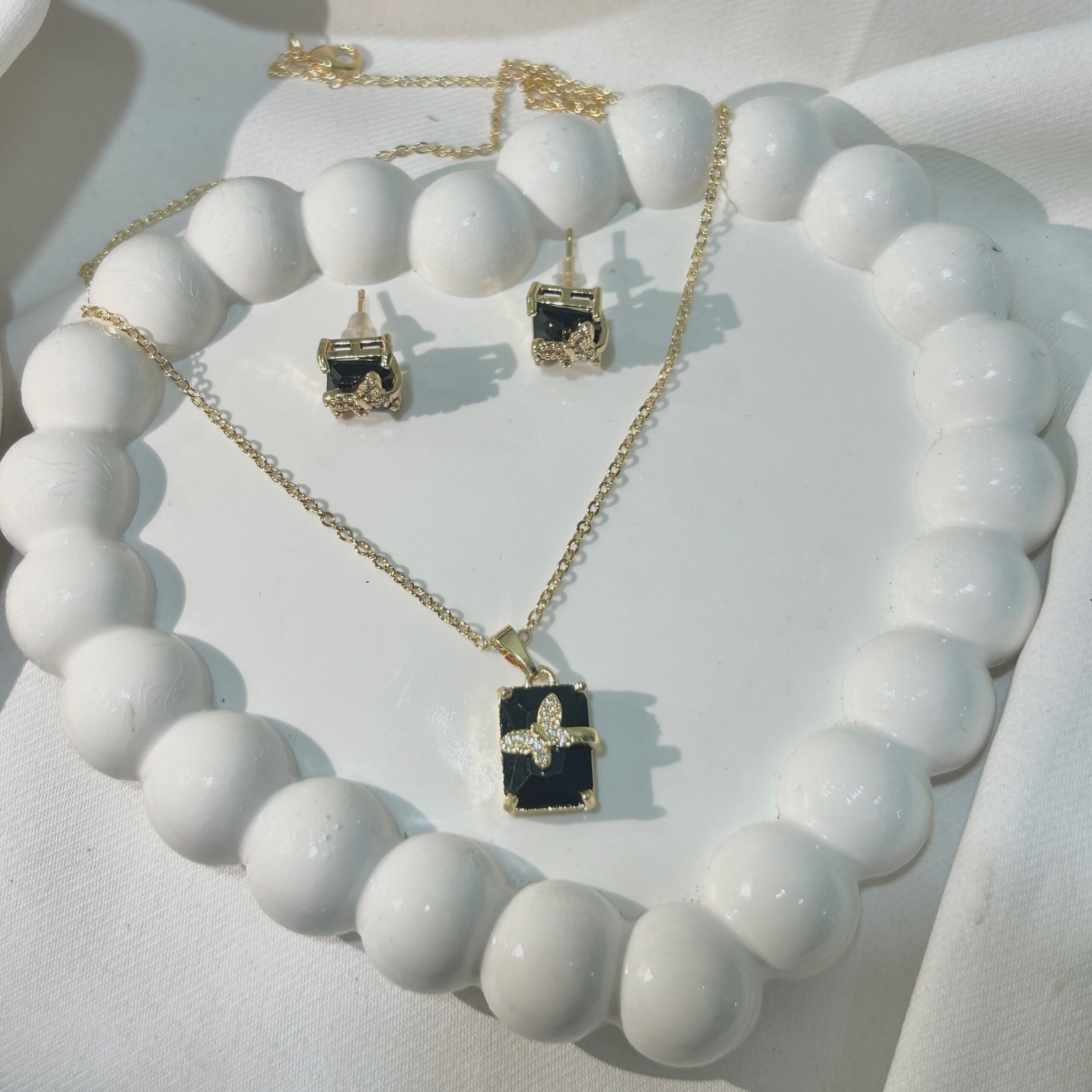 Black Butterfly American Diamond Studded Square & Leaf Shaped Pendant With Earrings For Girls and Women