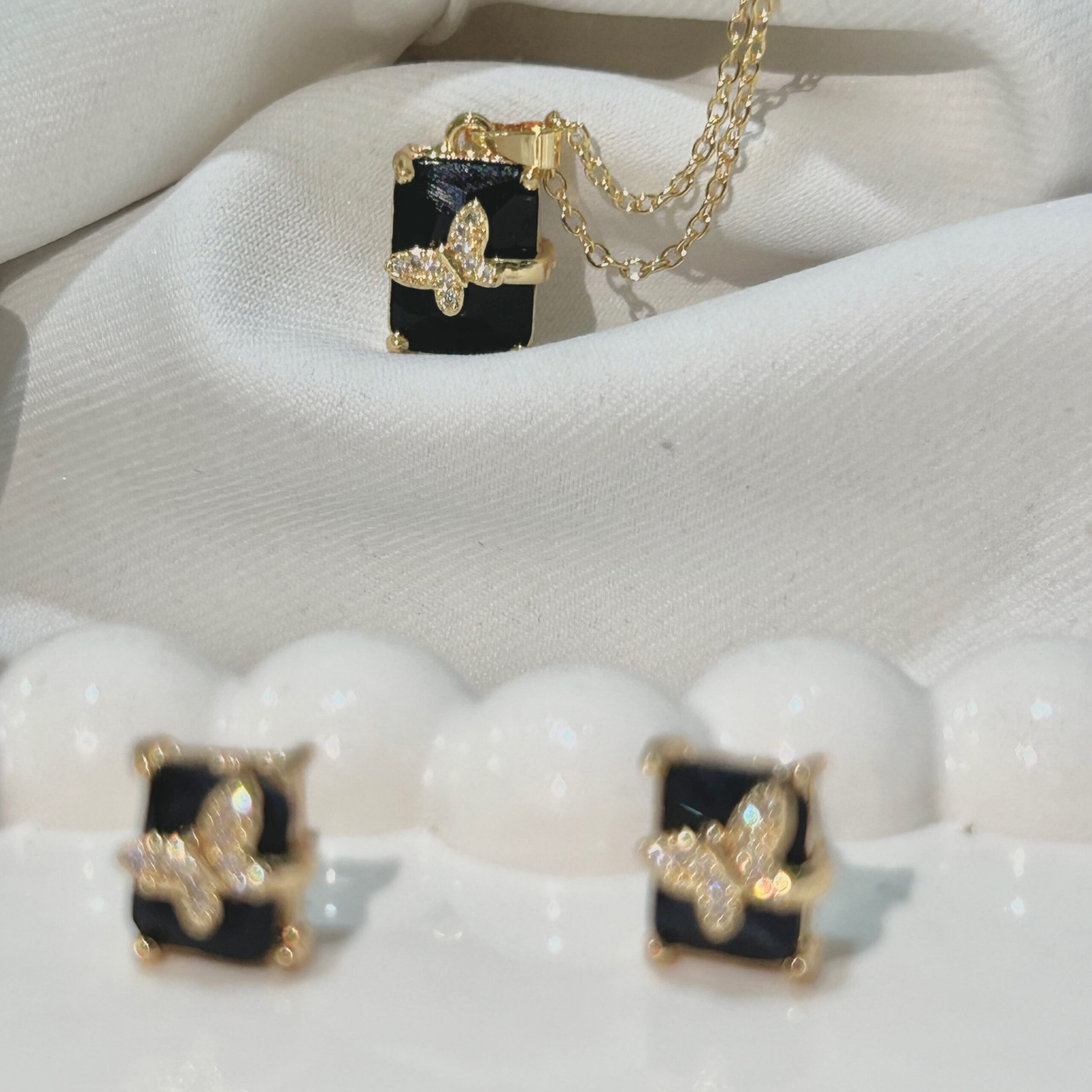 Black Butterfly American Diamond Studded Square & Leaf Shaped Pendant With Earrings For Girls and Women - Image 2