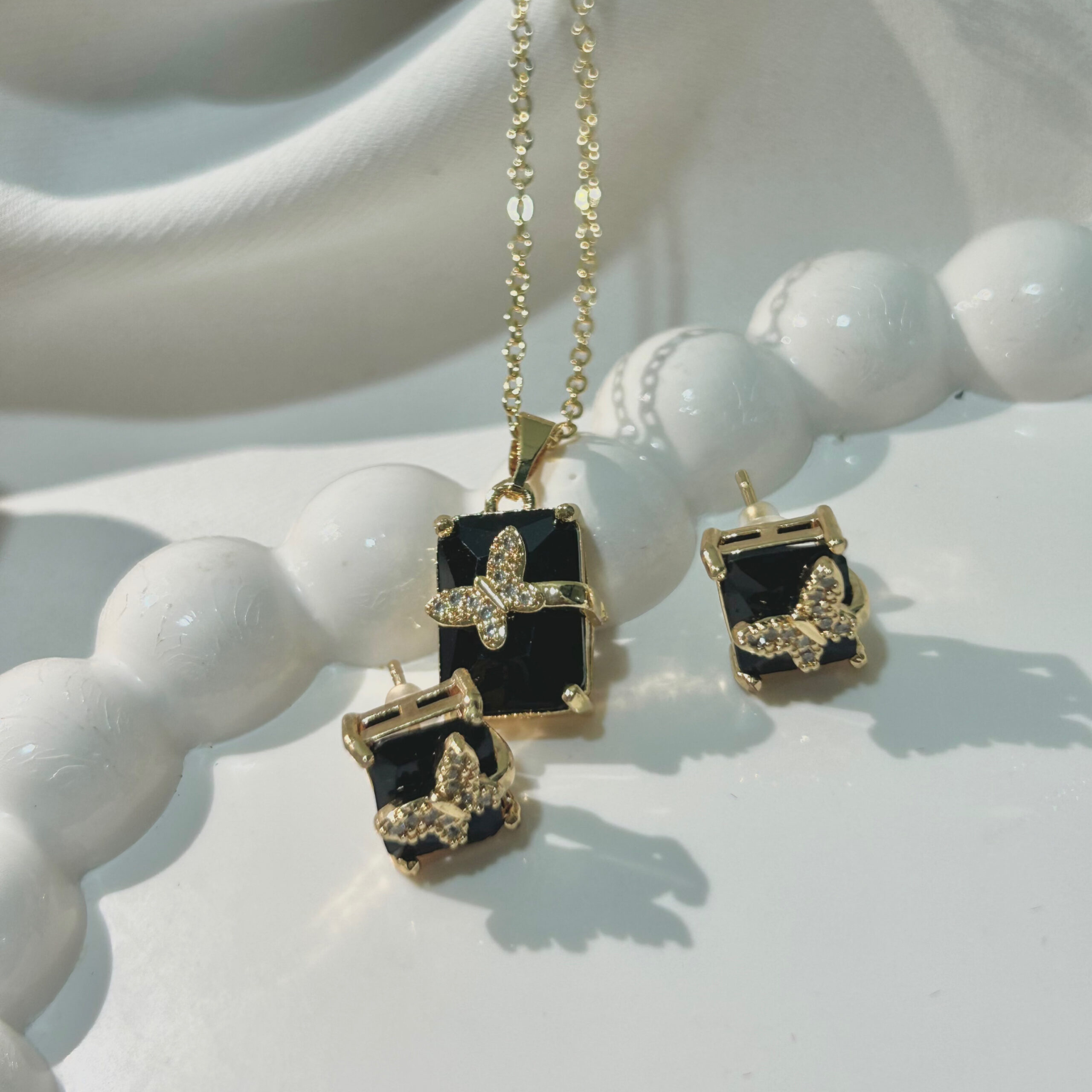 Black Butterfly American Diamond Studded Square & Leaf Shaped Pendant With Earrings For Girls and Women - Image 3