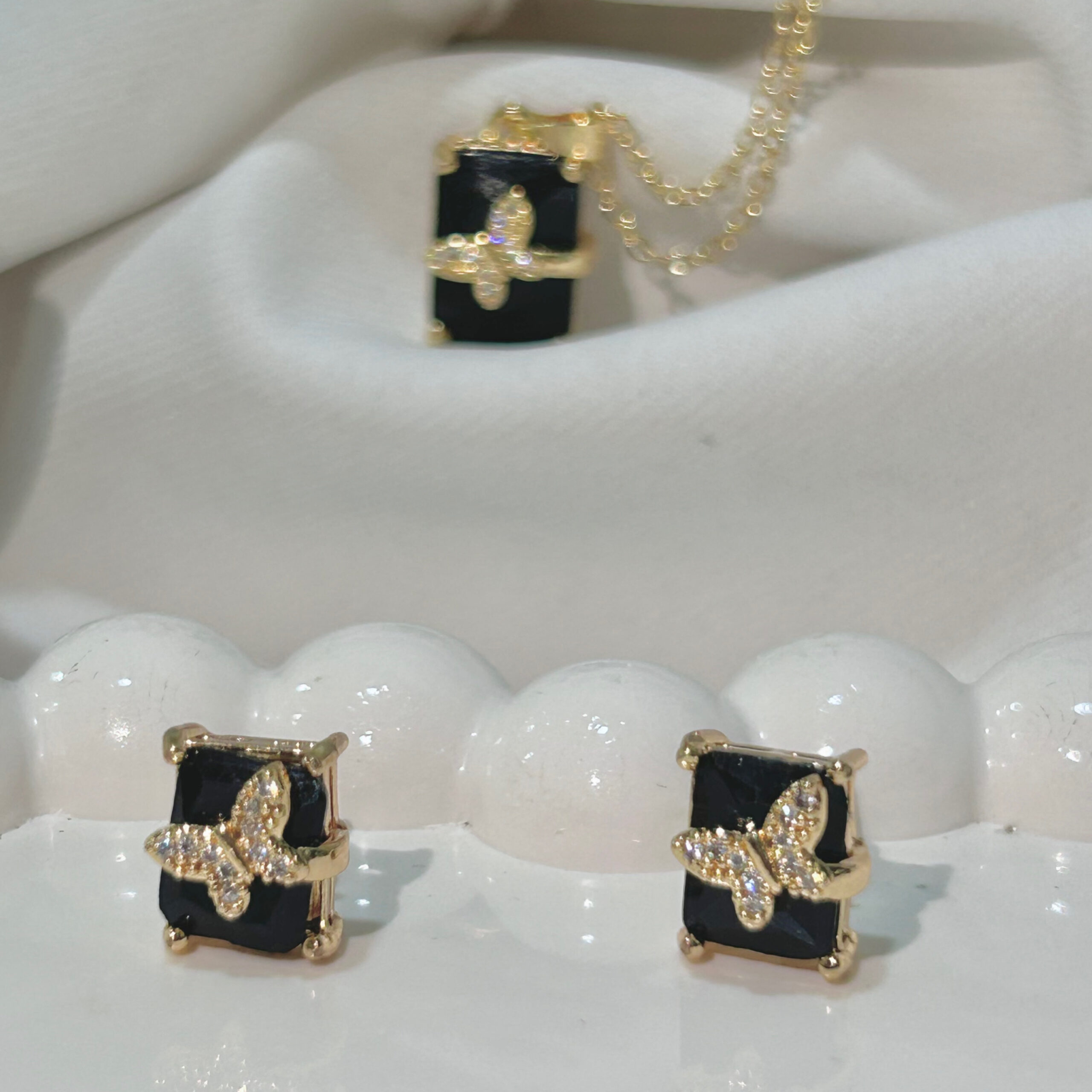 Black Butterfly American Diamond Studded Square & Leaf Shaped Pendant With Earrings For Girls and Women - Image 4