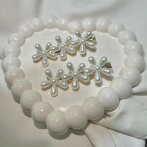 Moti Flower white Pearl Hair Clips Set with Pink Flowers, Elegant Korean Style Hair Accessories for Women, Gold-Tone