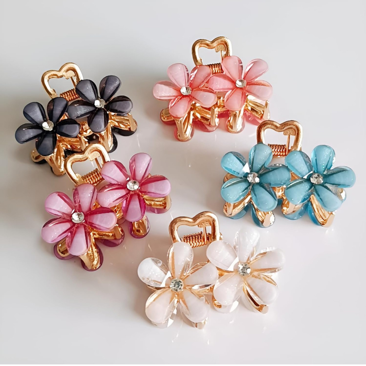 2 Pic Elegant Crystal Flower Hair Claw - Medium Size, Alloy Flower Clip For Women & Girls, Cute & Stylish Side Hair Accessory, Multicolor - Image 2