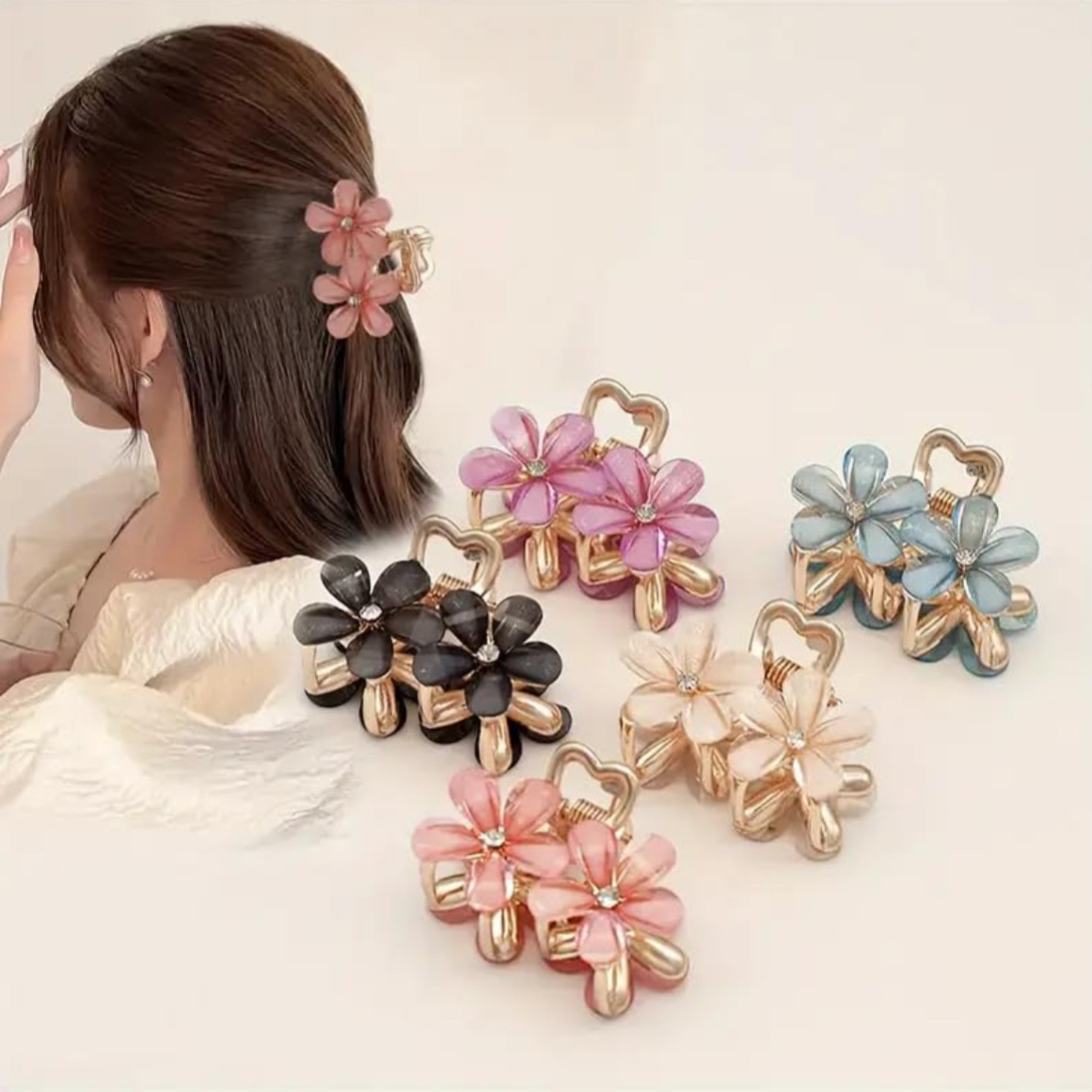 2 Pic Elegant Crystal Flower Hair Claw - Medium Size, Alloy Flower Clip For Women & Girls, Cute & Stylish Side Hair Accessory, Multicolor