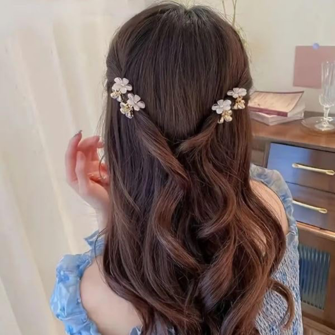 2 Pec Crystal Flower Hair Claw Rhinestones Alloy Hair Clamp For Girls Sweet Summer Side Clip Hair Styling Accessories,Multi - Image 2