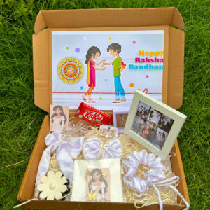 Premium White Color Rakhi Hampper Of Clature with Frame , Bow , Photo fram total 13 product