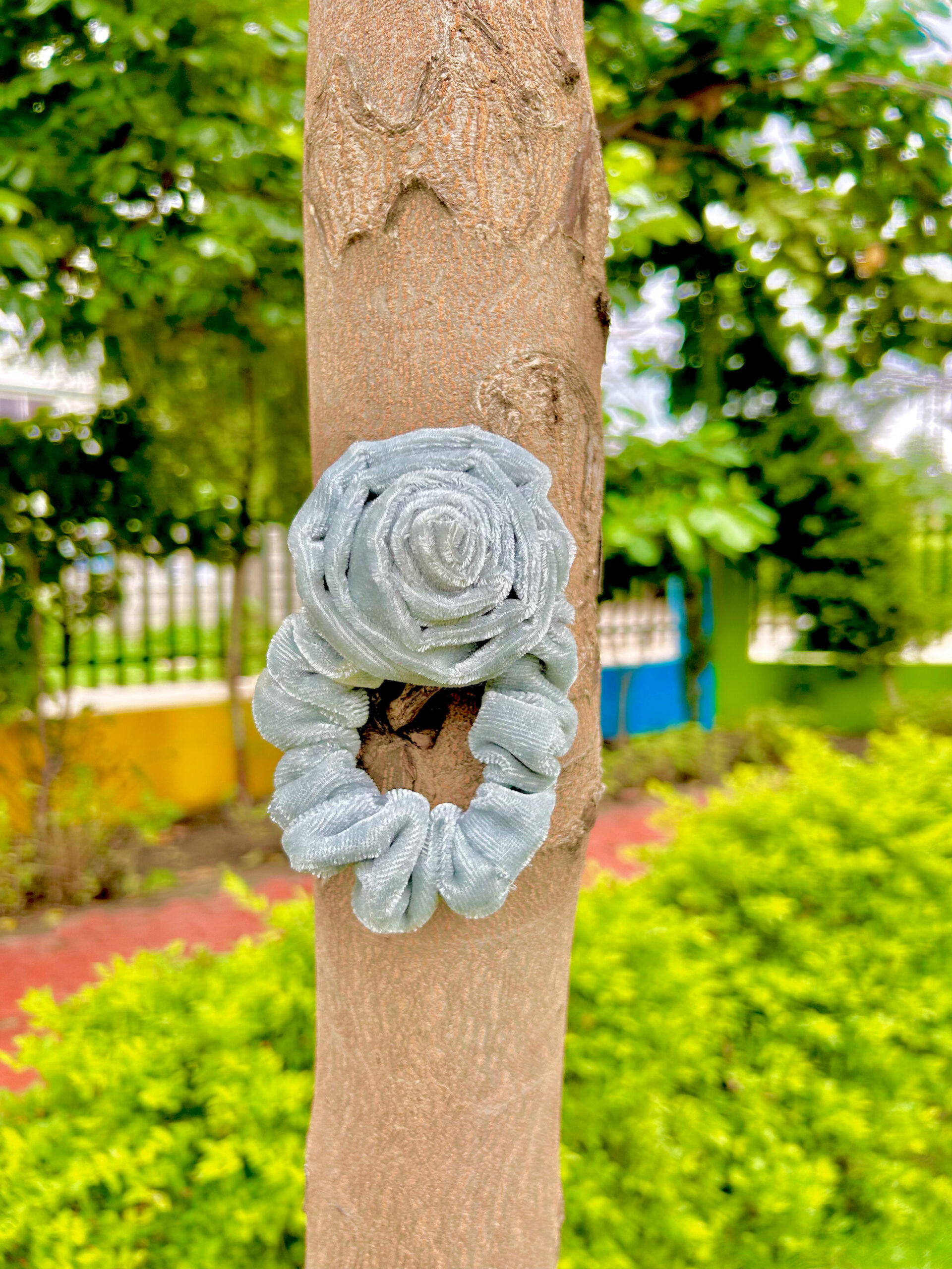 Grey Velmet Rose Hair Scrunchies, Black and White, Large 6 cm Decorative Flower Design, Korean stylish scrunchie Premium Silk Satin Scrunchies - Image 4