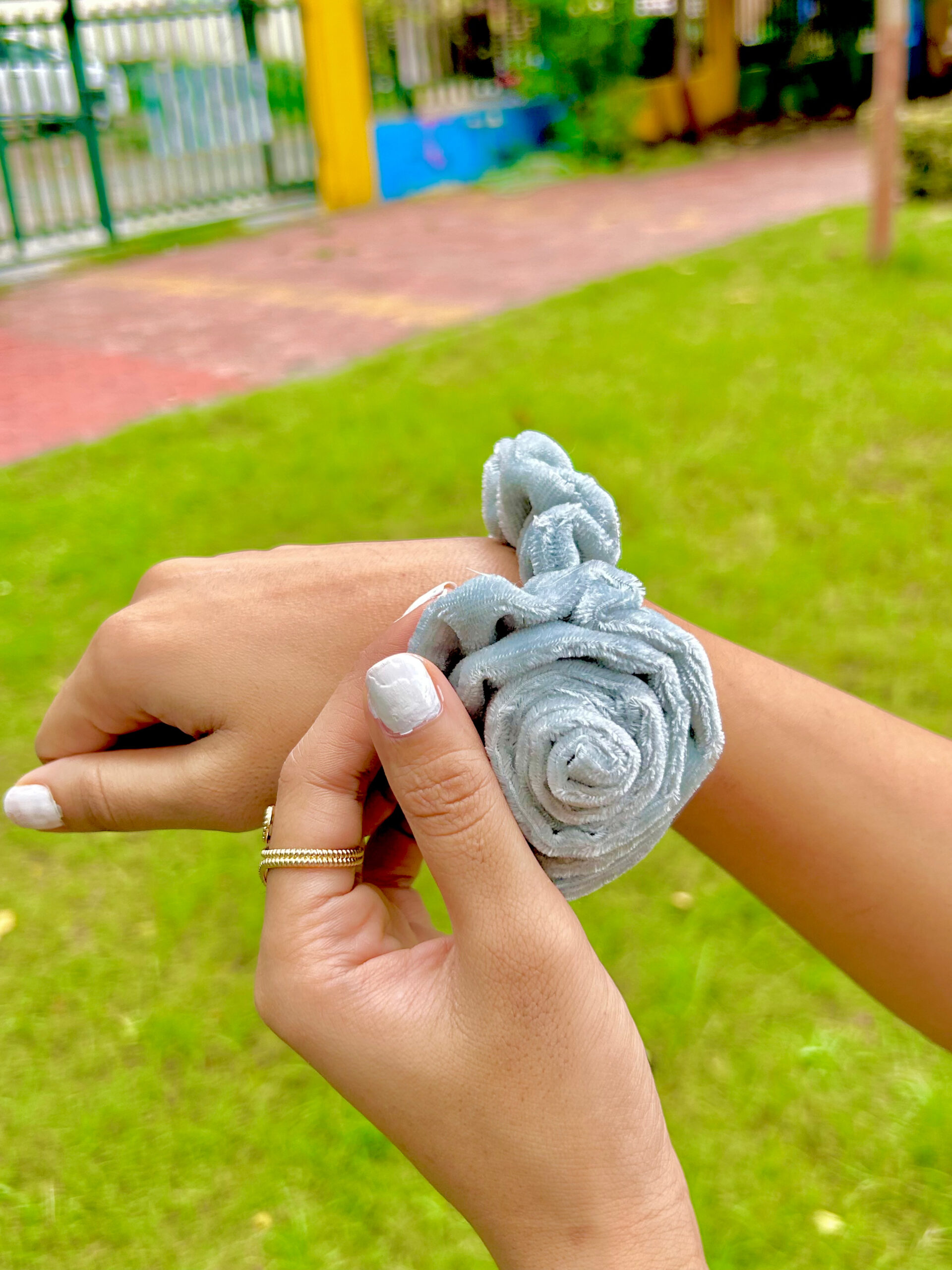 Grey Velmet Rose Hair Scrunchies, Black and White, Large 6 cm Decorative Flower Design, Korean stylish scrunchie Premium Silk Satin Scrunchies - Image 2