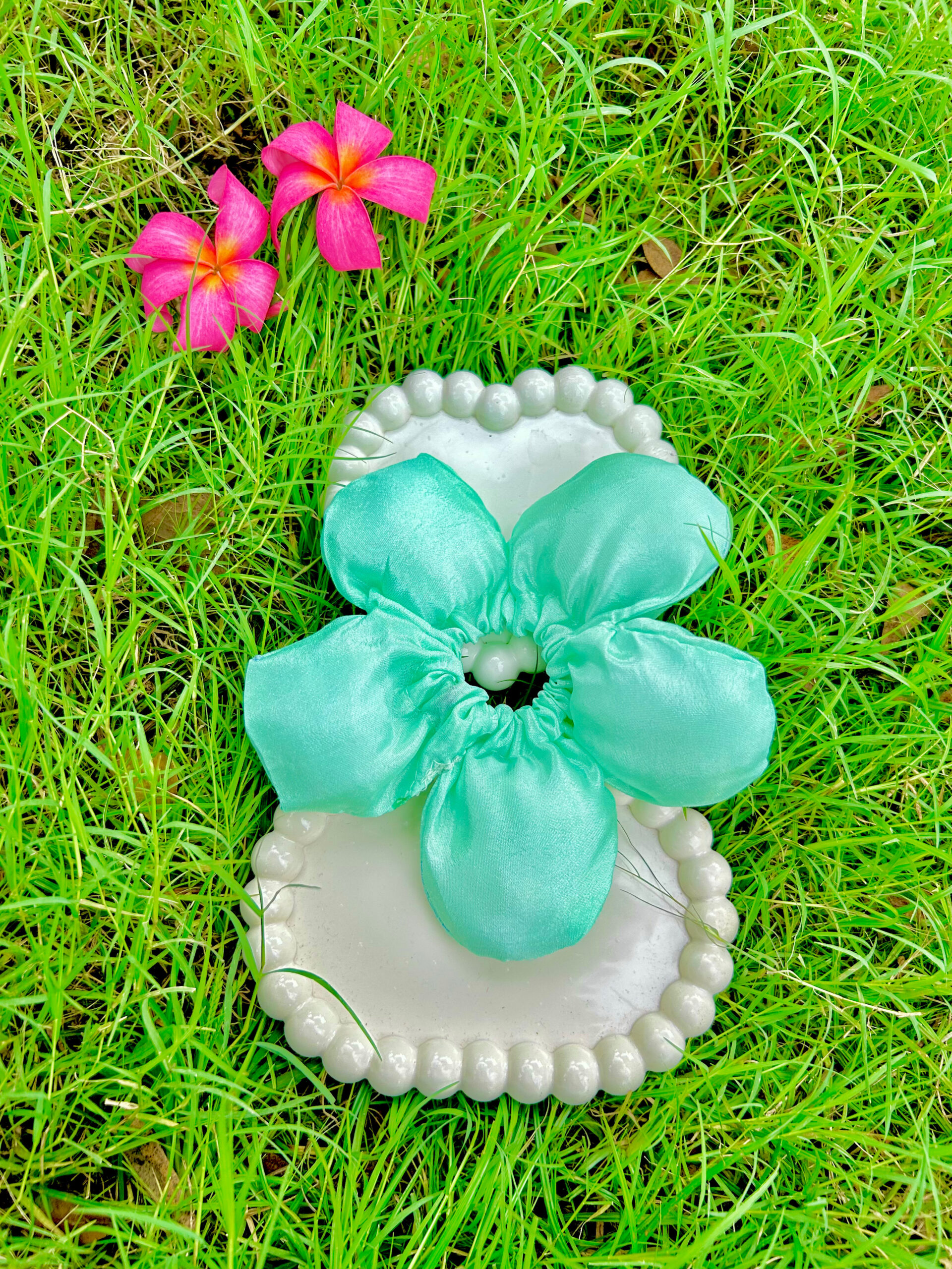 Handmade Green Flower Style Scrunchie, Hair Ties, Rubber Band For Womens And Girls