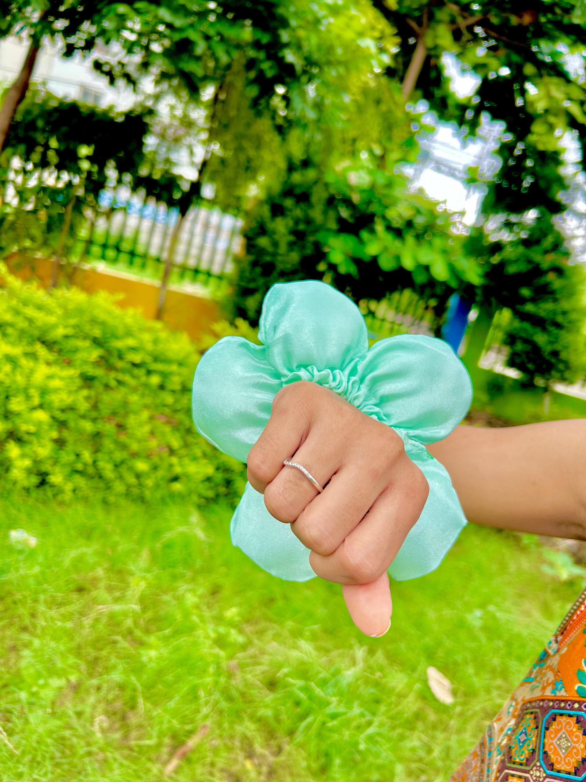 Handmade Green Flower Style Scrunchie, Hair Ties, Rubber Band For Womens And Girls - Image 3