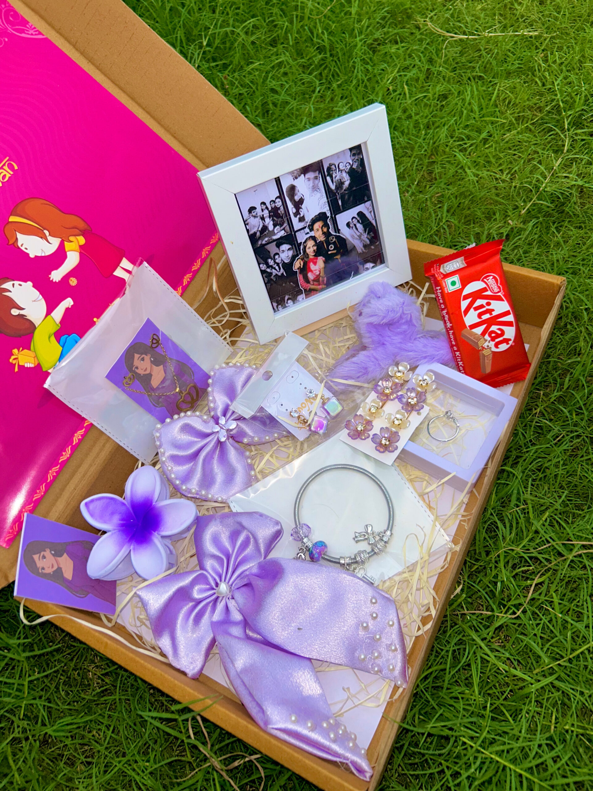 Premium Purple Color Rakhi Hampper Of Clature with Frame , Bow , Photo fram total 13 product - Image 3