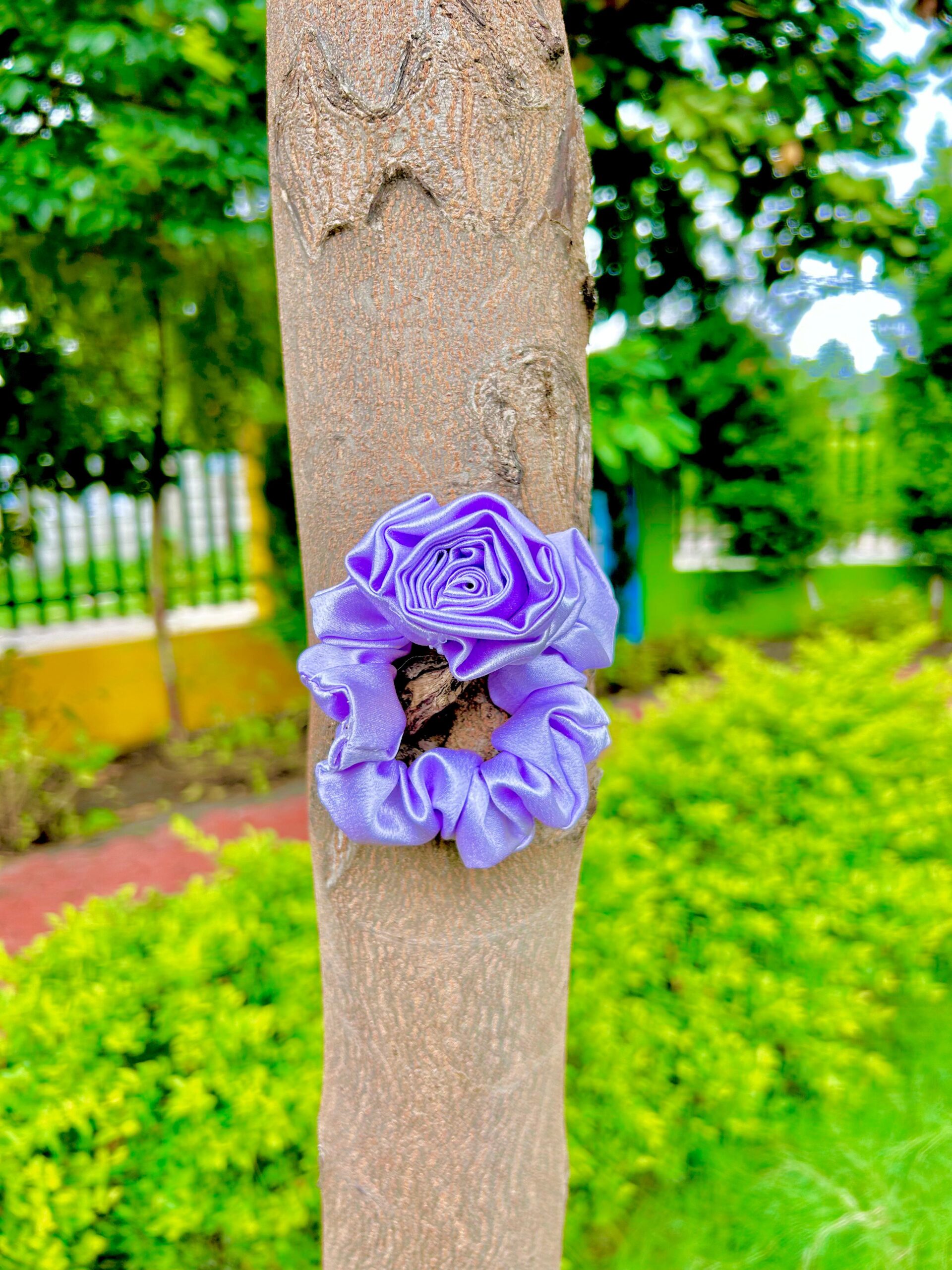 Handmade Purpel Flower Style Scrunchie, Hair Ties, Rubber Band For Womens And Girls - Image 2