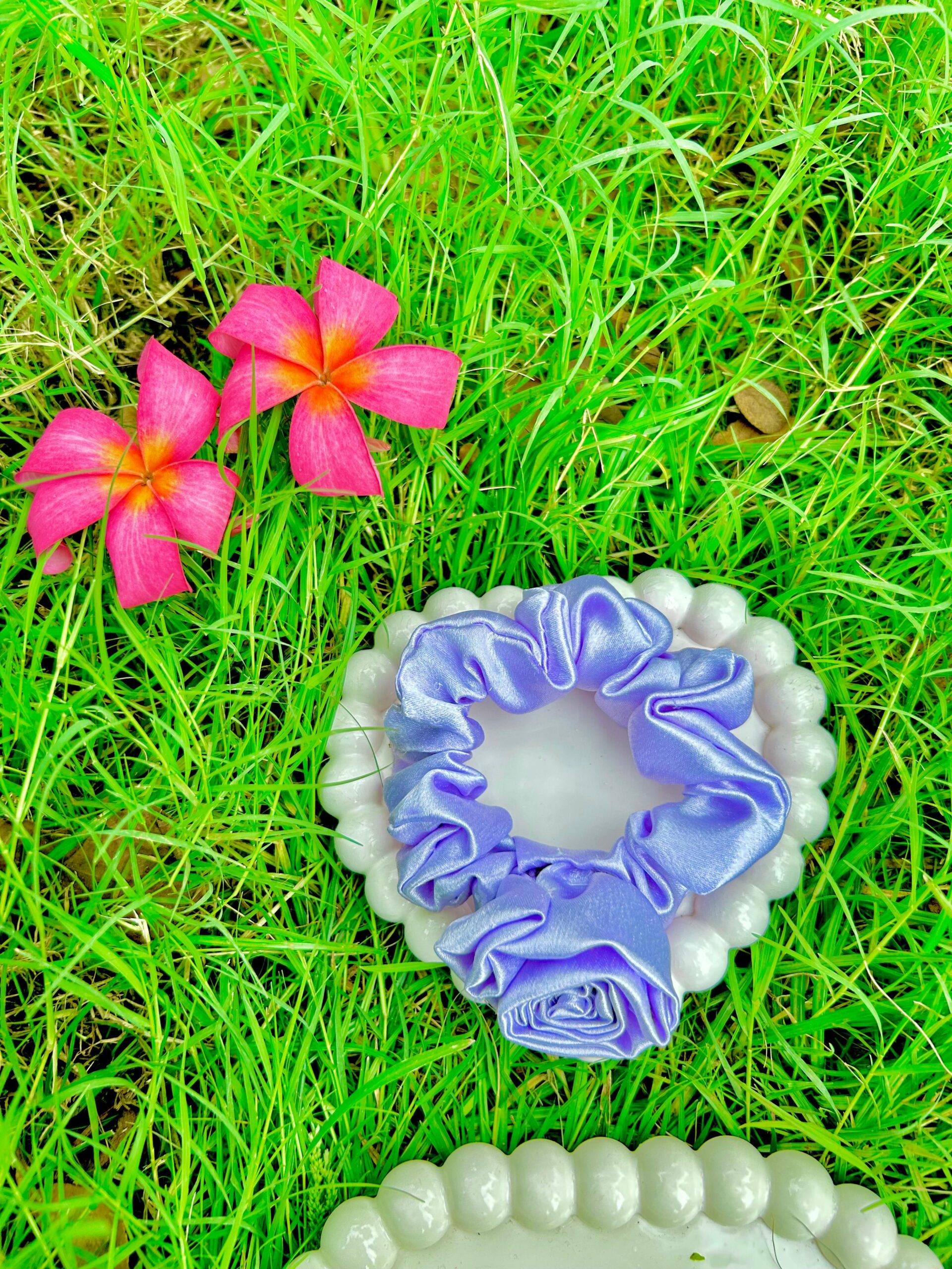Handmade Purpel Flower Style Scrunchie, Hair Ties, Rubber Band For Womens And Girls