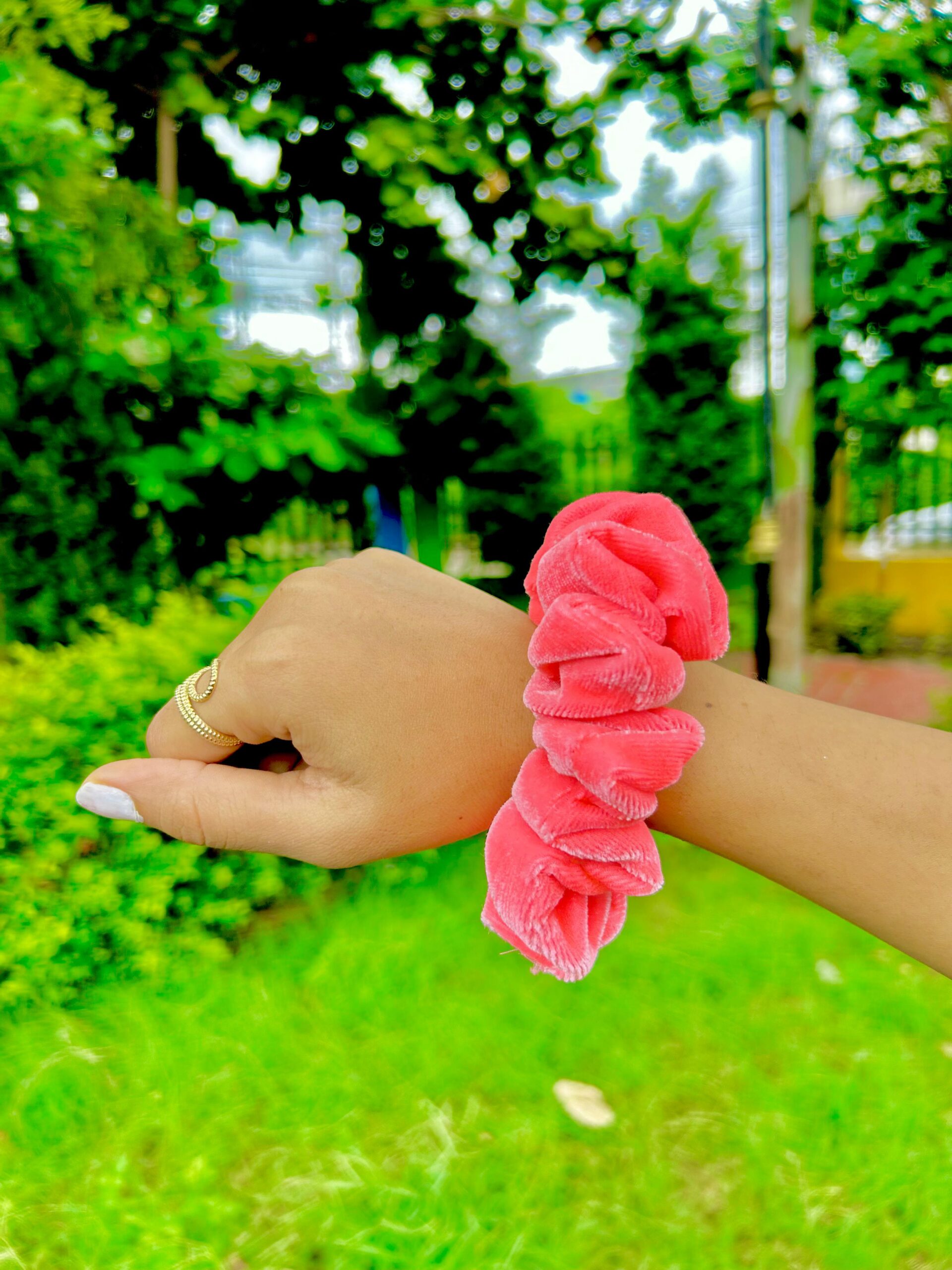 Handmade Pink Velmet Scrunchie, Hair Ties, Rubber Band For Womens And Girls - Image 2