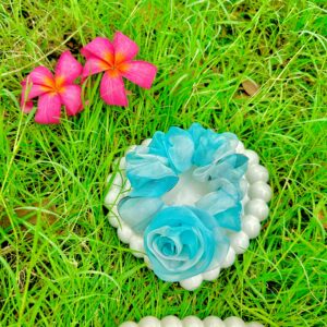 Handmade Blue Flower Net Scrunchie, Hair Ties, Rubber Band For Womens And Girls