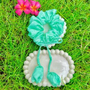 Satin Tulip Turquoise Color  Ribbon Intestine Loop Scrunchie, Hair Ties, Rubber Band For Womens And Girls, Red