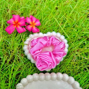 Satin Pink Flower  Scrunchie, Hair Ties, Rubber Band For Womens And Girls