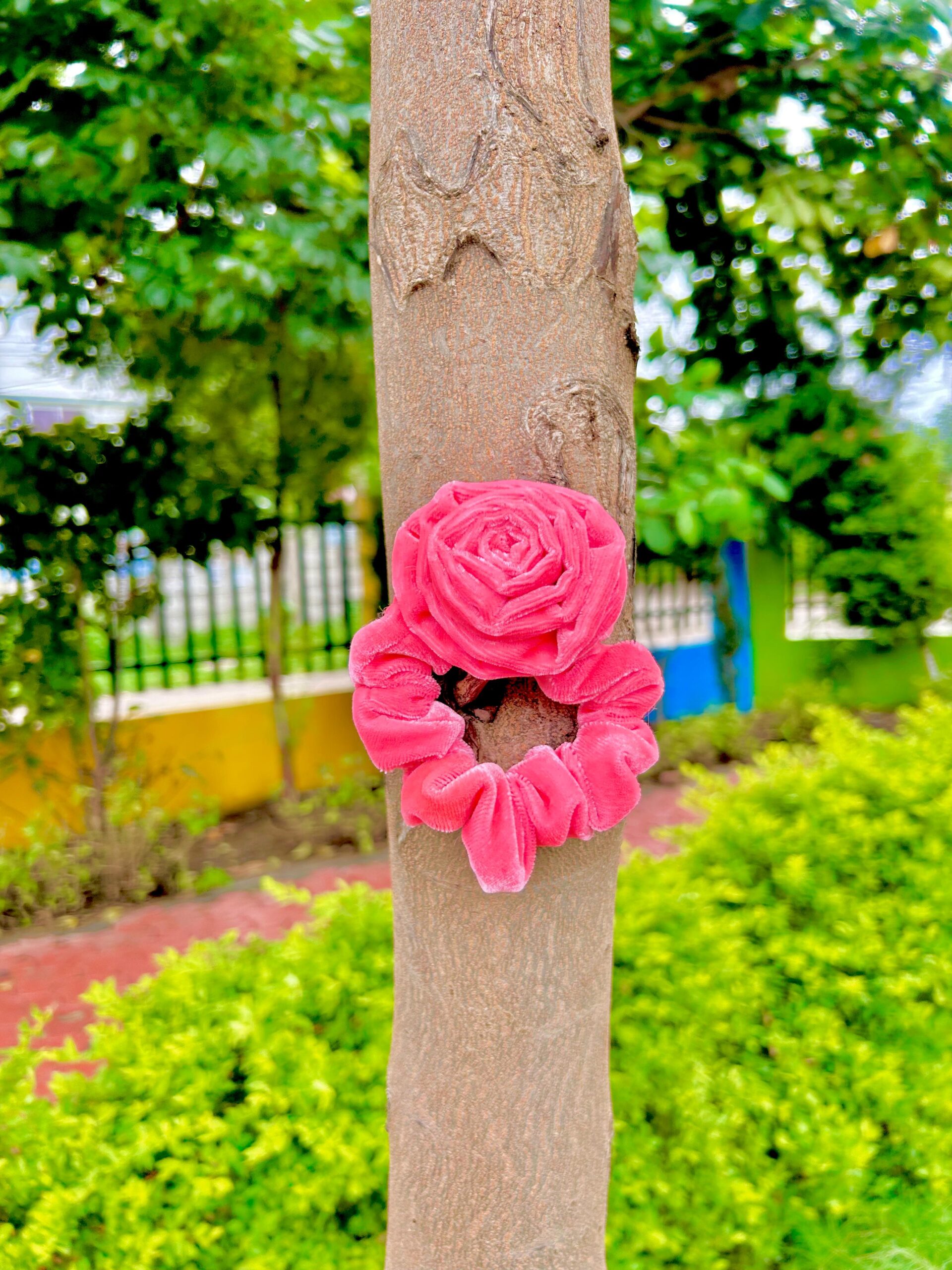 Handmade Pink Velmet Flower Hair Scrunchies , Hair Ties, Rubber Band For Womens And Girls - Image 2
