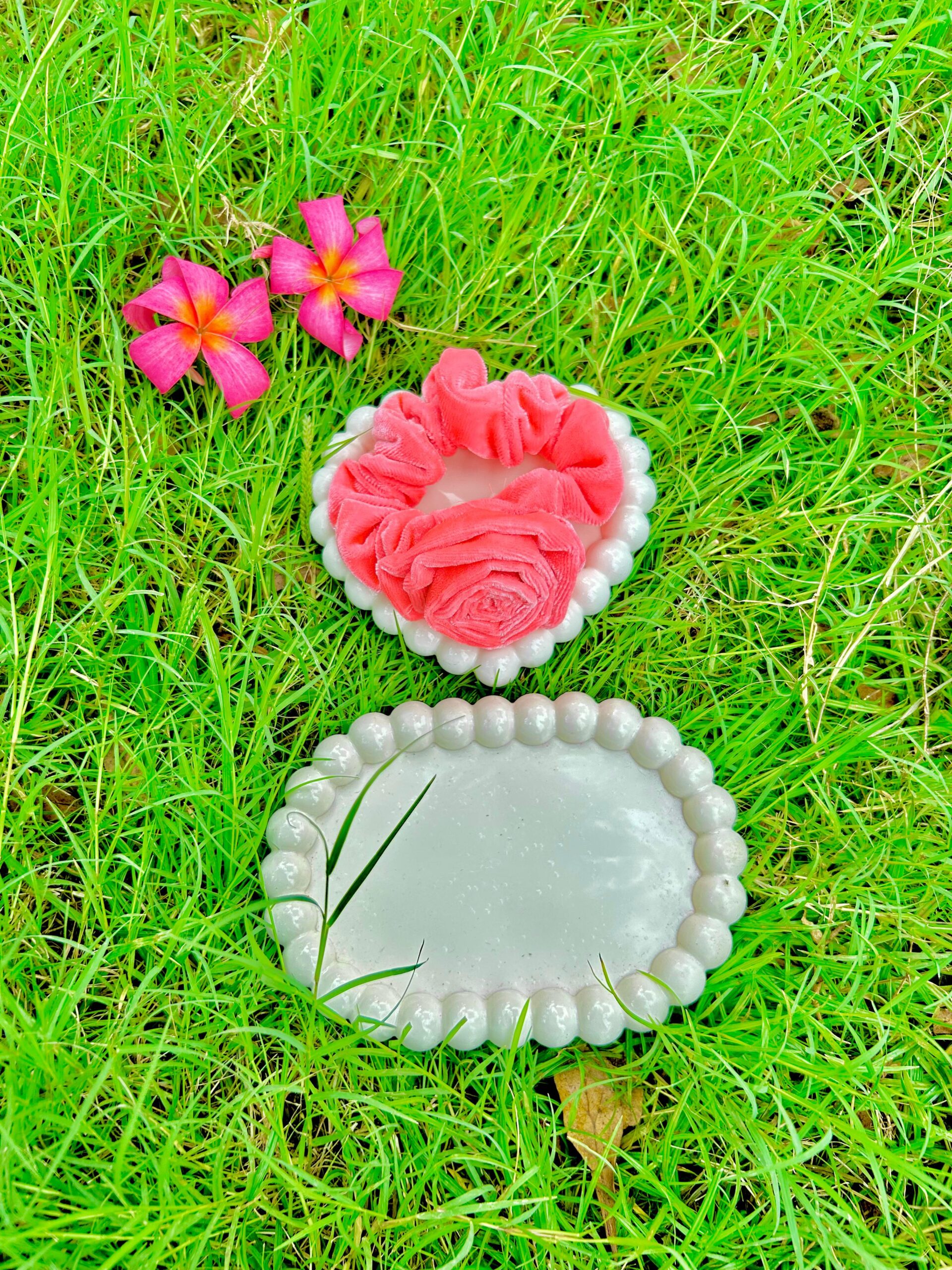 Handmade Pink Velmet Flower Hair Scrunchies , Hair Ties, Rubber Band For Womens And Girls - Image 3