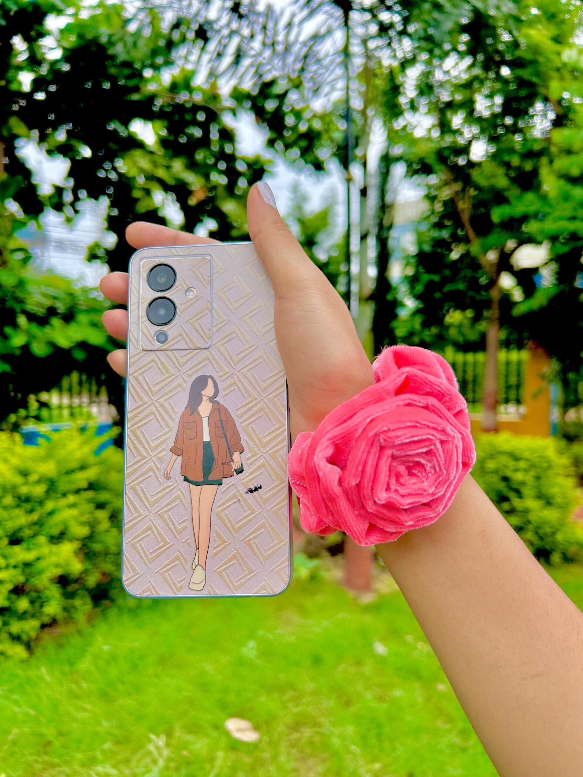 Handmade Pink Velmet Flower Hair Scrunchies , Hair Ties, Rubber Band For Womens And Girls