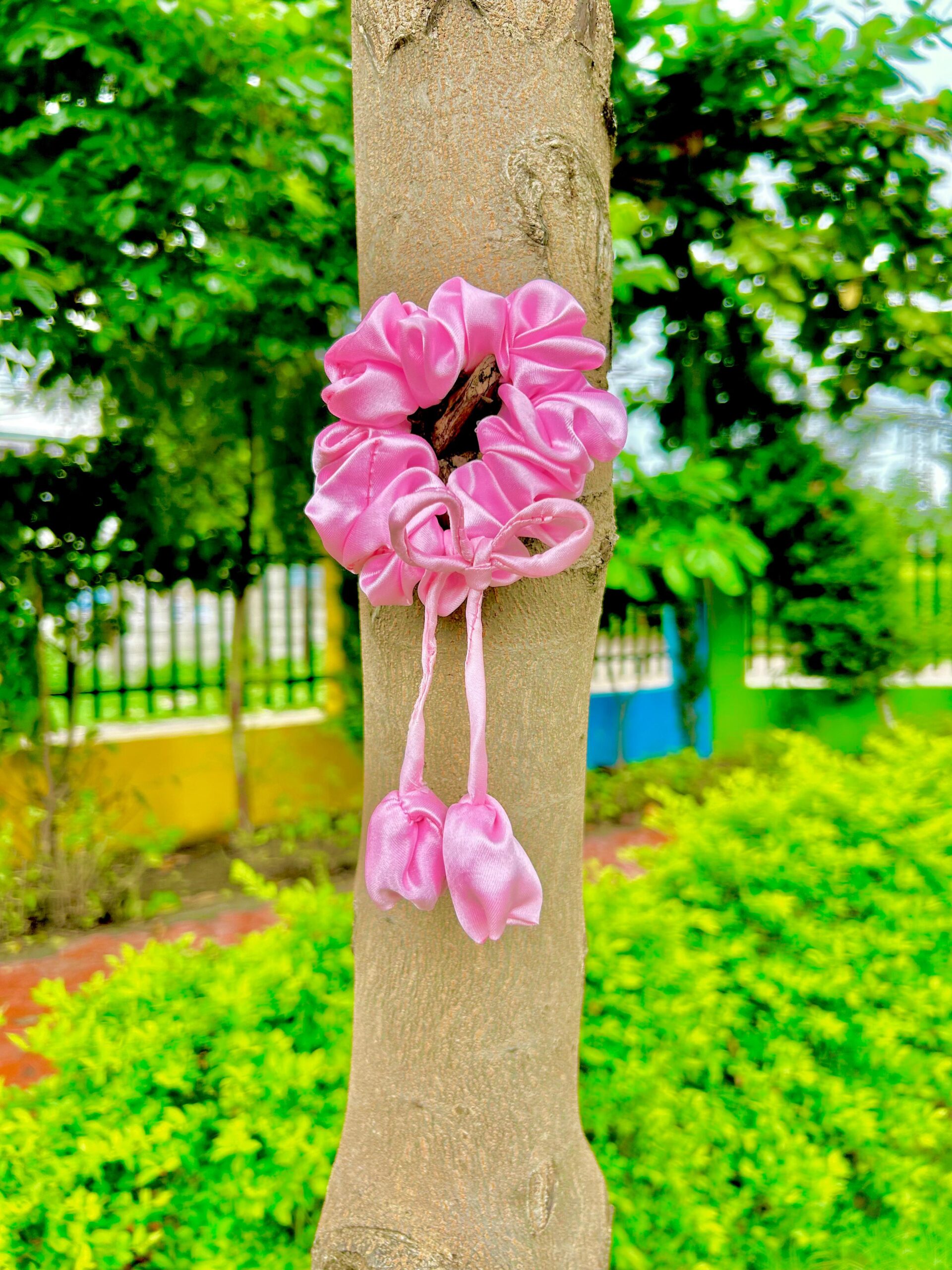 Handmade Baby Pink Tulip Fabric Hair Scrunchies , Hair Ties, Rubber Band For Womens And Girls