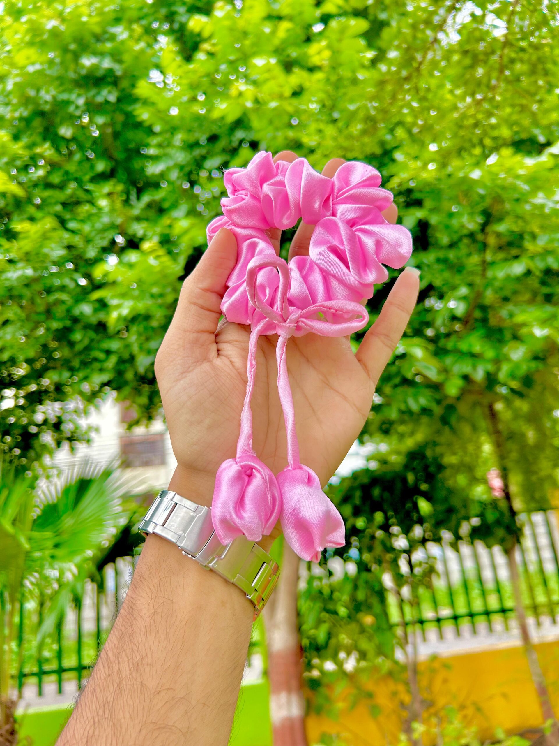 Handmade Baby Pink Tulip Fabric Hair Scrunchies , Hair Ties, Rubber Band For Womens And Girls - Image 3
