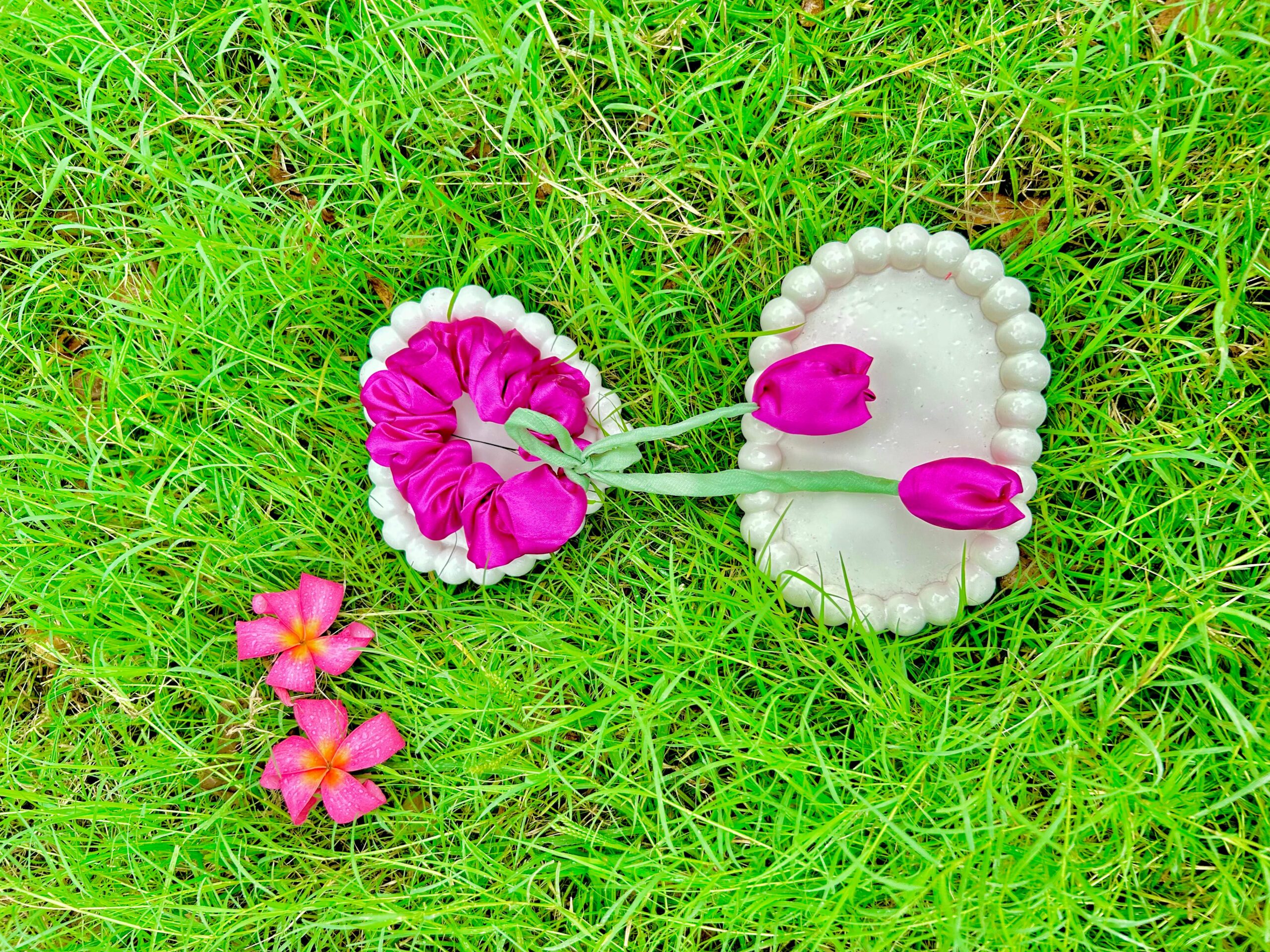 Handmade Dark Pink Tulip Satin Fabric Hair Scrunchies , Hair Ties, Rubber Band For Womens And Girls - Image 3
