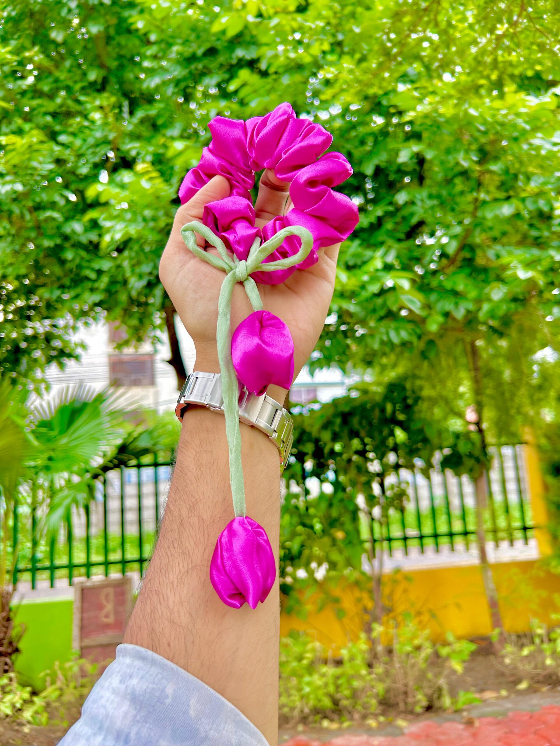 Handmade Dark Pink Tulip Satin Fabric Hair Scrunchies , Hair Ties, Rubber Band For Womens And Girls - Image 4