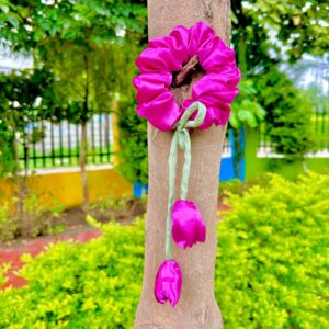 Handmade Dark Pink Tulip Satin Fabric Hair Scrunchies , Hair Ties, Rubber Band For Womens And Girls