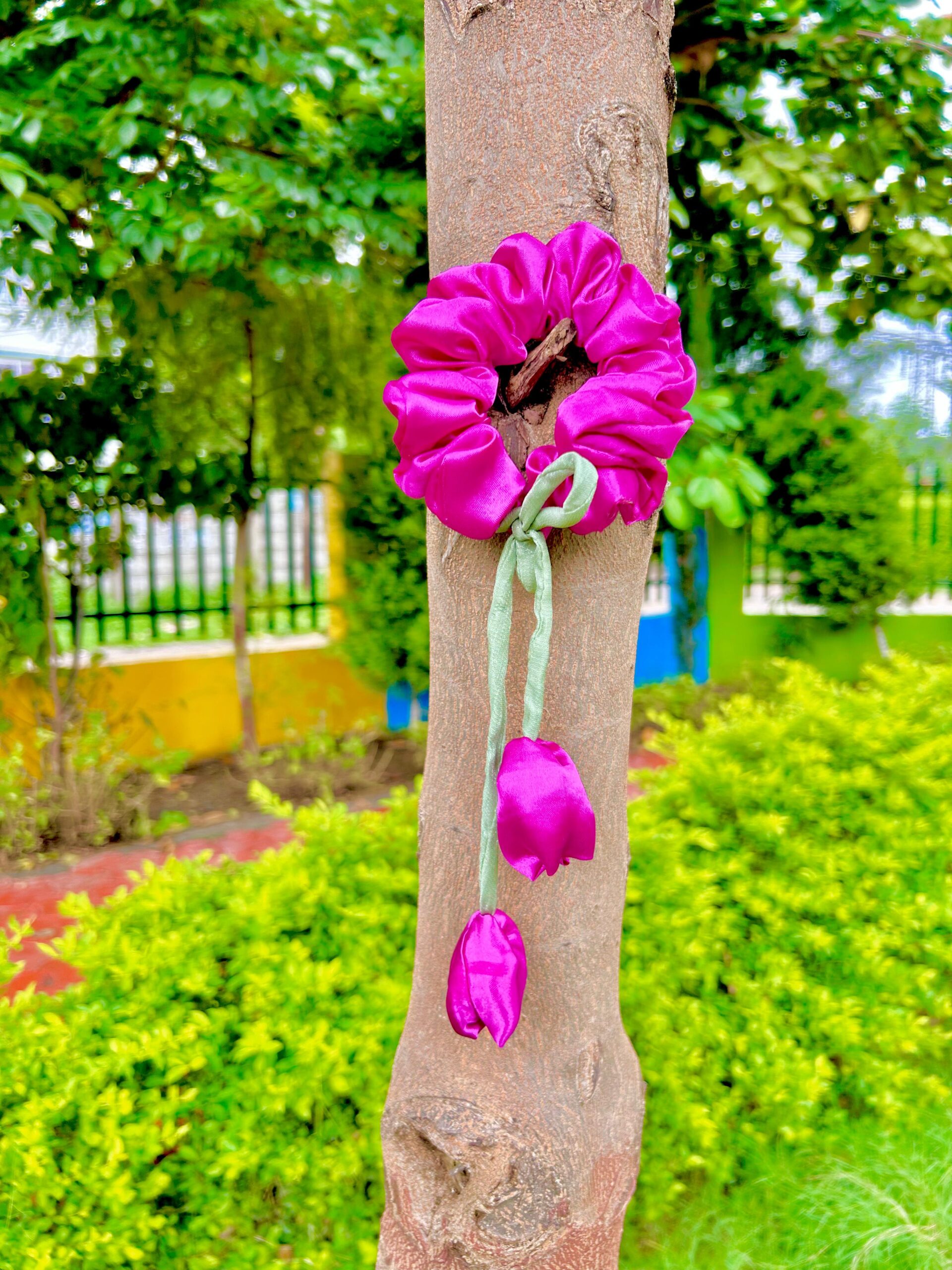 Handmade Dark Pink Tulip Satin Fabric Hair Scrunchies , Hair Ties, Rubber Band For Womens And Girls