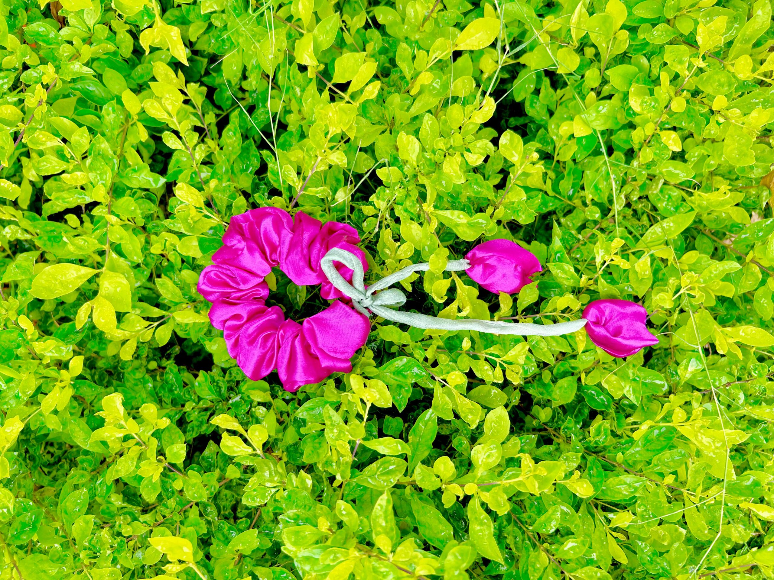 Handmade Dark Pink Tulip Satin Fabric Hair Scrunchies , Hair Ties, Rubber Band For Womens And Girls - Image 2