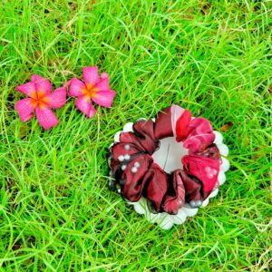 Handmade Black and Red Pearl Net Fabric Hair Scrunchies , Hair Ties, Rubber Band For Womens And Girls