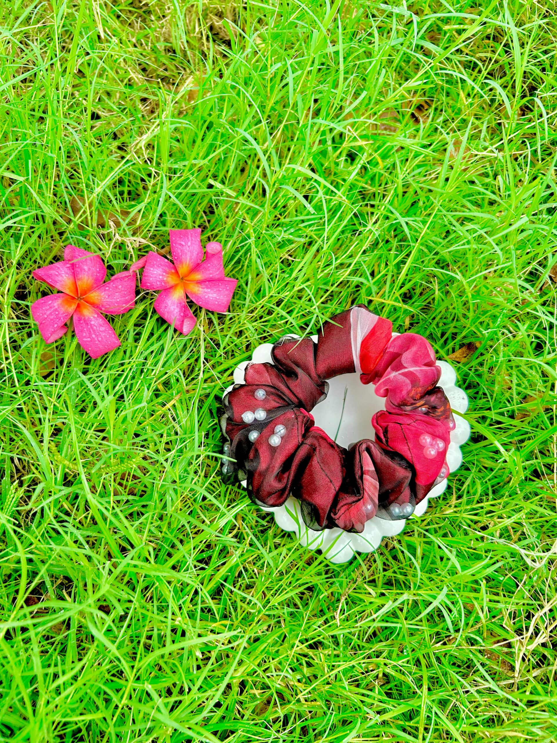 Handmade Black and Red Pearl Net Fabric Hair Scrunchies , Hair Ties, Rubber Band For Womens And Girls