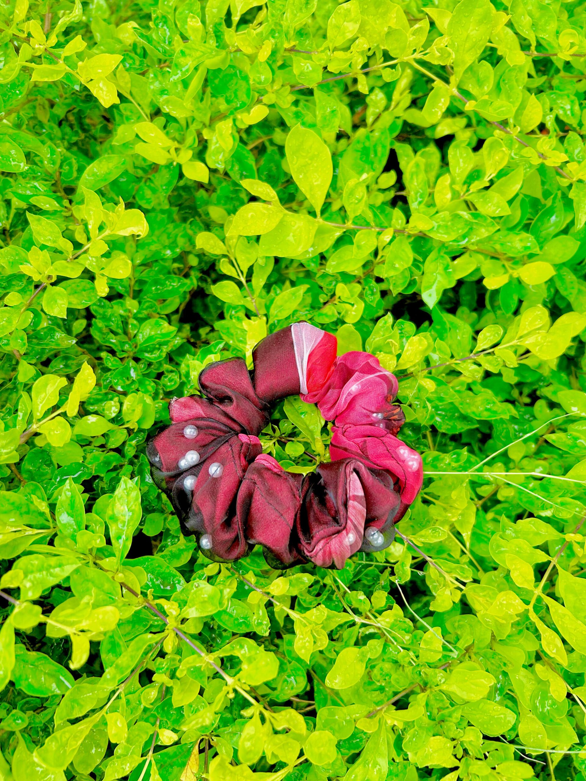 Handmade Black and Red Pearl Net Fabric Hair Scrunchies , Hair Ties, Rubber Band For Womens And Girls - Image 2