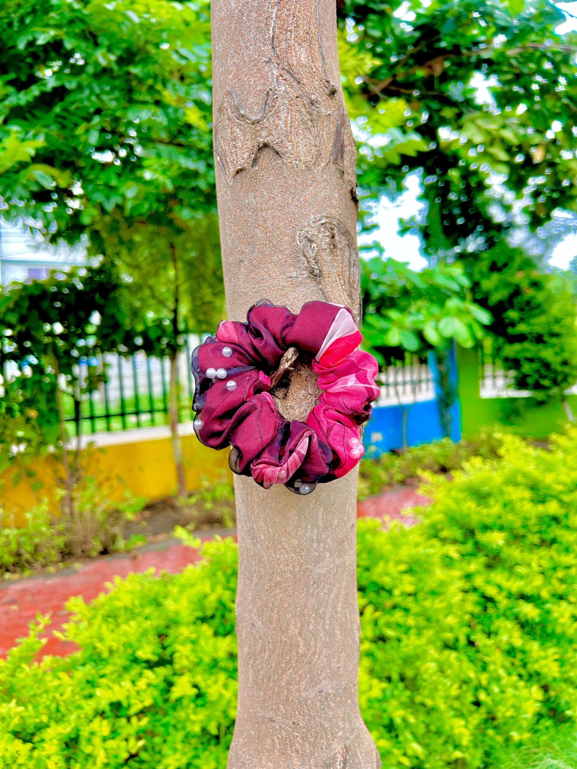 Handmade Black and Red Pearl Net Fabric Hair Scrunchies , Hair Ties, Rubber Band For Womens And Girls - Image 3