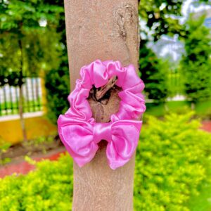 Handmade Pink Satin Fabric Bow Style Hair Scrunchies , Hair Ties, Rubber Band For Womens And Girls