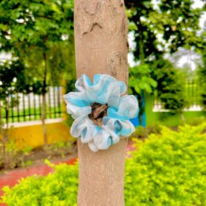Handmade Turquoise Satin Fabric Hair Scrunchies , Hair Ties, Rubber Band For Womens And Girls