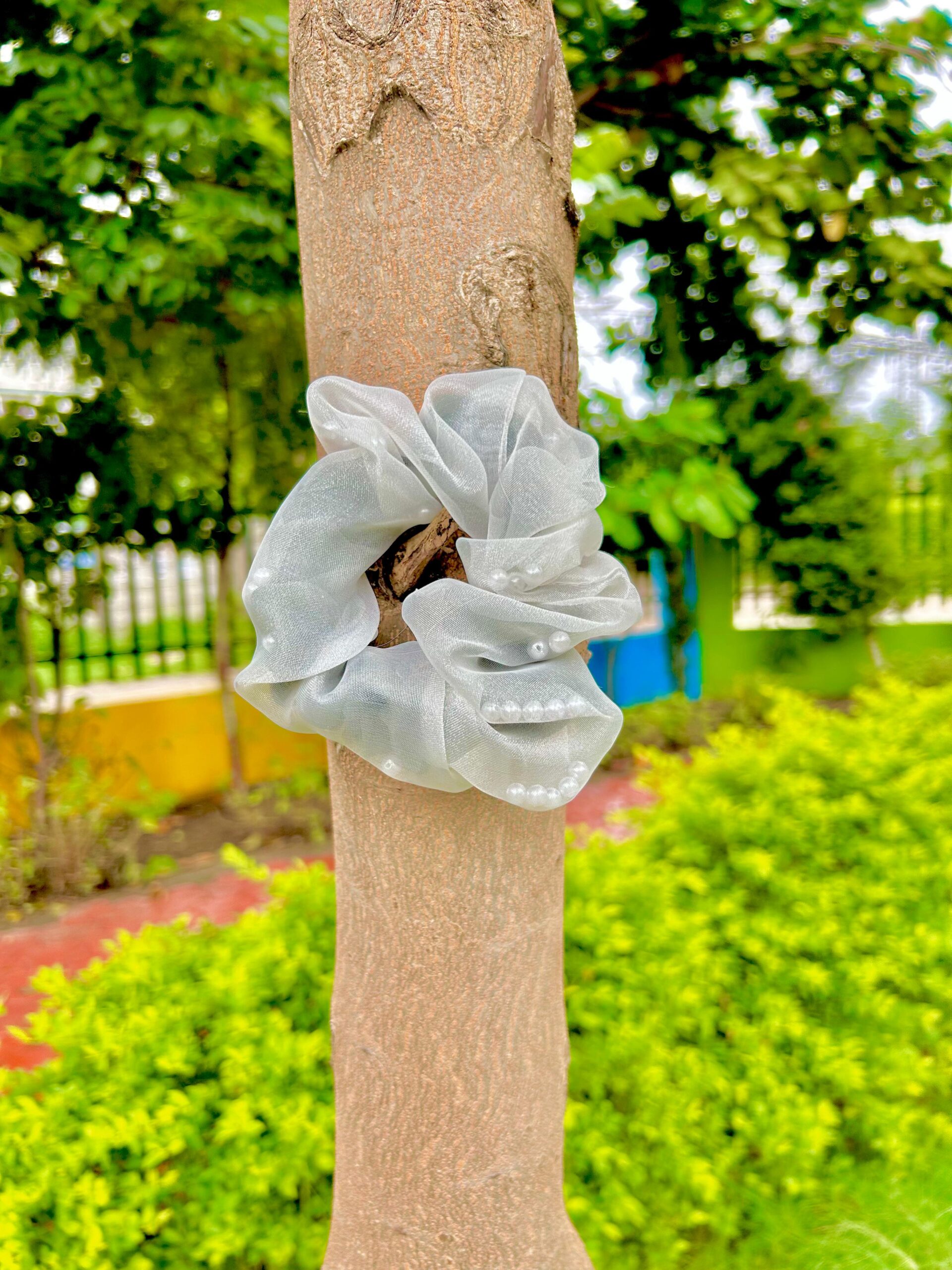 Handmade Grey Pearls Net Fabric Hair Scrunchies , Hair Ties, Rubber Band For Womens And Girls - Image 4