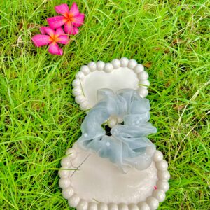 Handmade Grey Pearls Net Fabric Hair Scrunchies , Hair Ties, Rubber Band For Womens And Girls