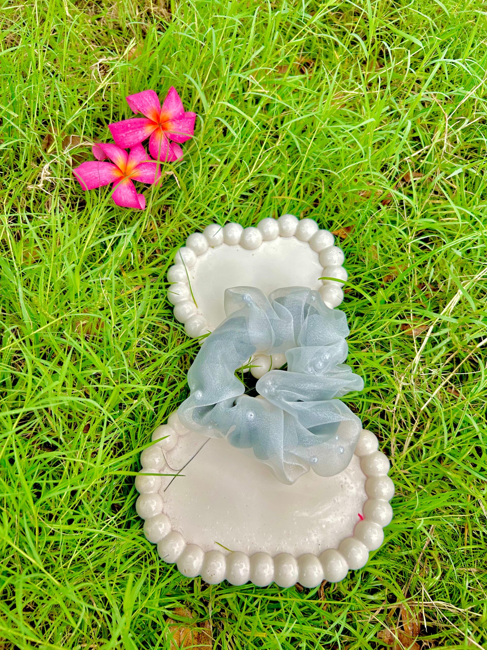 Handmade Grey Pearls Net Fabric Hair Scrunchies , Hair Ties, Rubber Band For Womens And Girls