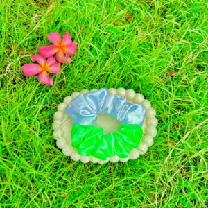 Handmade Green & Cream satin Fabric Hair Scrunchies , Hair Ties, Rubber Band For Womens And Girls